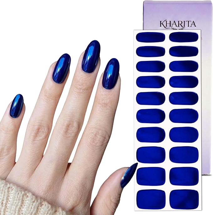 Semi Cured Gel Nail Strips – Real Gel Nail Polish Wraps for Brittle Nails | Long Lasting Easy Peel-Off Removal | Hema-Free | 20-Piece Chrome Dark Blue Salon Sticker Kit with File & Stick