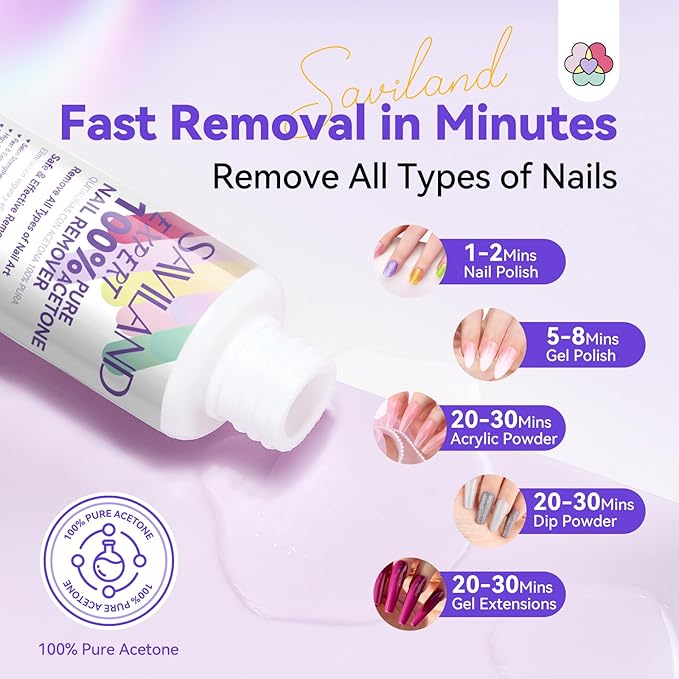 SAVILAND Nail Polish Remover Kit: 50 ML Acetone Nail Polish Remover Non-Drying Expert Gel Remover with Cuticle Oil & Tools Quick Removal for Nails Polish Acrylic Dip Powder DIY Salon
