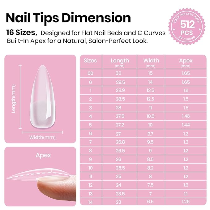 Beetles Tipex Lite Apex Nail Tips,Stiletto Medium,512pcs 16 Sizes,Pre-Building Pre-Etched Acrylic Nail Tips for Flat Nails & Natural Nail Beds