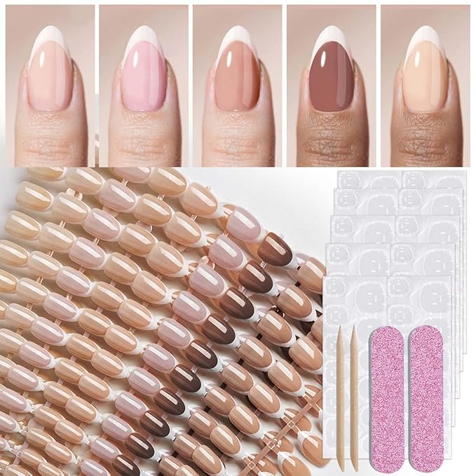 White French Tips Press on Nails Pack,Short Almond Fake Nails Press ons in 9 Different Base Color,Full Cover Stick on Nails for Women Manicure,12 Sizes | Reusable | Glue Tabs | Easy Apply | 216Pcs