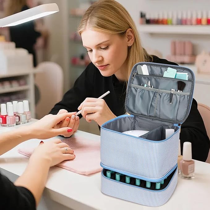 Nail Polish Organizer Aesthetic Nail Organizers and Storage, Bow Nail Supplies Kit Organizer Travel Carrying Case for Manicure Tools (Stripe Blue, 2 Layer)