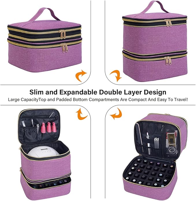Nail Polish Organizer, Handheld Double Layer Nail Polish Storage with Adjustable Dividers, Holds 30 Bottles (15ml/0.5 fl.oz) for Nail Polish Lamp Manicure Tools and Essential Oil, Purple