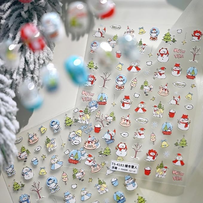 Christmas Nail Stickers Red Snowman Nail Art Stickers 5D Embossed Christmas Tree Nail Decals Winter Snowflake Nail Art Supplies 3D Self Adhesive Xmas Holiday Nail Design for Women Girls 1 Sheets