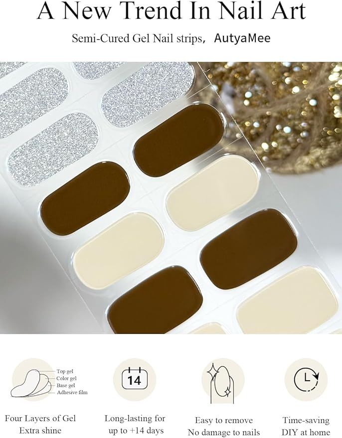 Semi Cured Gel Nail Strips (Green Glitter), 20 Pcs Gel Nail Wraps, Stickers, Salon Quality, Long Lasting, Works With Any UV Lamps