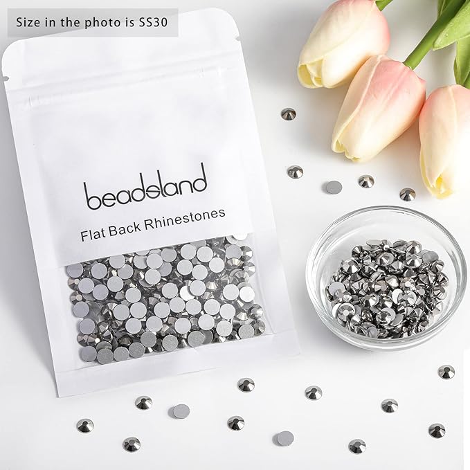 Beadsland 576pcs Flat Back Crystal Rhinestones Round Gems for Nail Art and Craft Glue Fix, Hematite, SS30,6.3-6.5mm