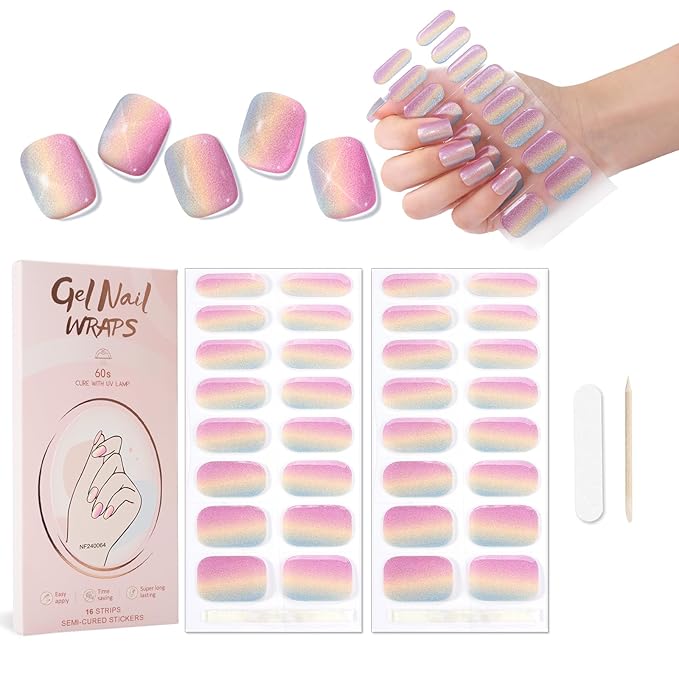 2 Sheet 32 Tips Semi Cured Gel Nail Strips Kit (Colorful Gradient) Salon-Quality Semi Cured Nail Polish Strips Stickers Solid Gel Nail Stickers Full Nail Wraps With Nail File & Wooden Stick