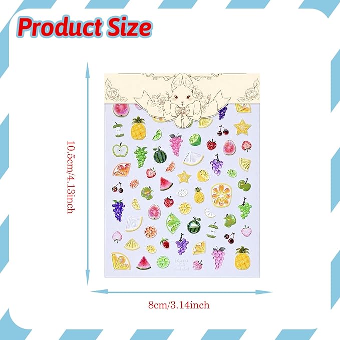 1 Sheets Fruit Nail Stickers 3D Embossed Nail Decals Cute Summer Nail Stickers for Nail Art Pineapple Grape Cherry Strawberry DIY Self-Adhesive Handmade Nails Supplies Accessories for Women Girls