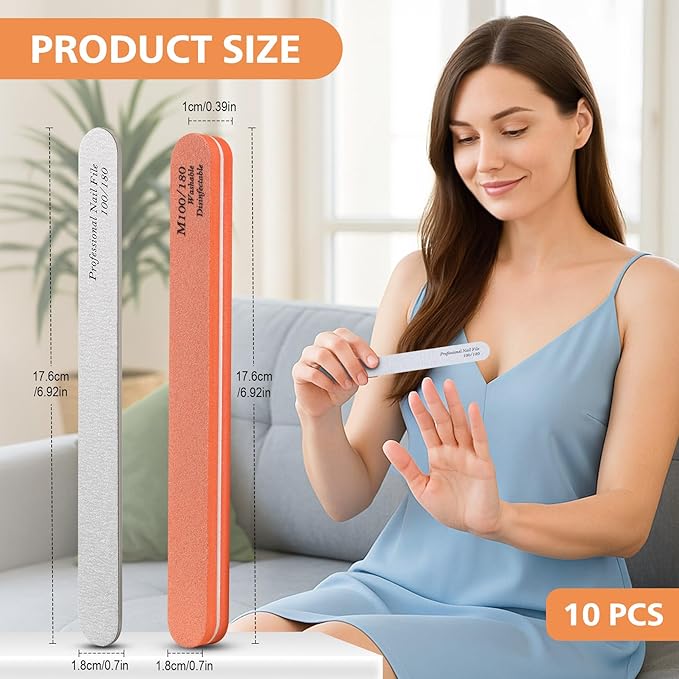 BALUCA 10-Pack Professional Nail Files & Buffers for Acrylic & Natural Nails | Double-Sided 100/180 Grit Emery Boards | Reusable Salon-Grade Nail Filer & Shine Kit for Women & Pets (Orange)