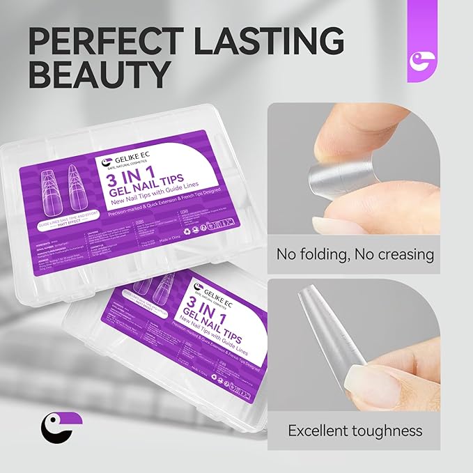 Guiding Line Nail Tips for Salon: Gelike EC Full Matte Coffin Gel Nail tips with Auxiliary Positioning Line - Nail Extension Tips for Professional -100 Pcs 10 Sizes