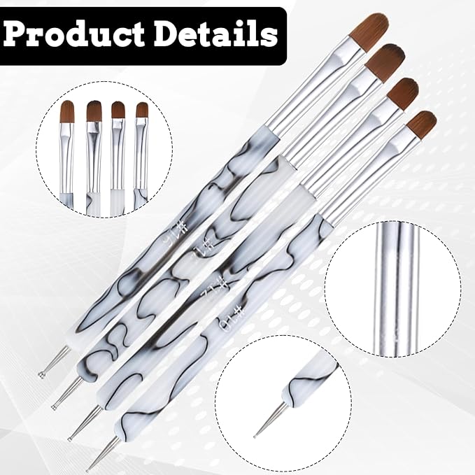 4 PCS French Tip Brush for Nails, 2-Way French Acrylic Nail Brushes with Dotting Tool, Acrylic Nail Tip Tool Brushes for Nails Detailed Designs DIY Manicure Salon