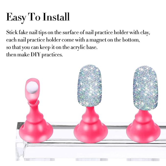 Blulu 2 Set Nail Stand for Painting Press Nail Holder Acrylic Magnetic Tips Training Fingernail Display Stands DIY Crystal Holders and 96 Pieces White Reusable Adhesive Putty(Pink)