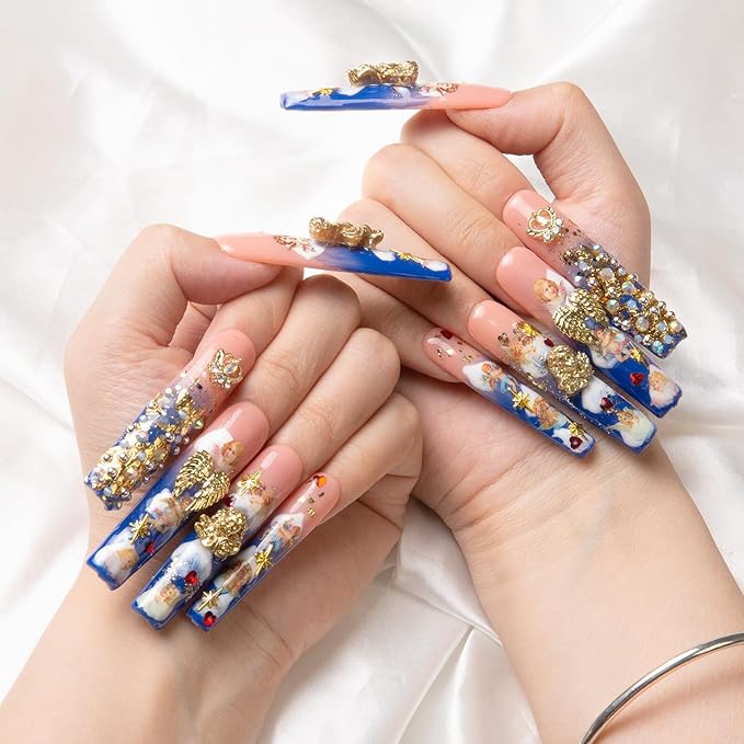 LOVFUL Press on Nails the Palace of Murals | Handmade with Full Covered Crystals | Reusable Fake Nails | Square | H174-M, pink