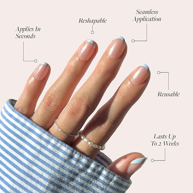 Glamnetic Press On Nails - Into Blue | Glazed Short Oval Fake Nails with Periwinkle French Tips, Salon Quality Summer Nails | 15 Sizes - 30 Nail Kit with Glue