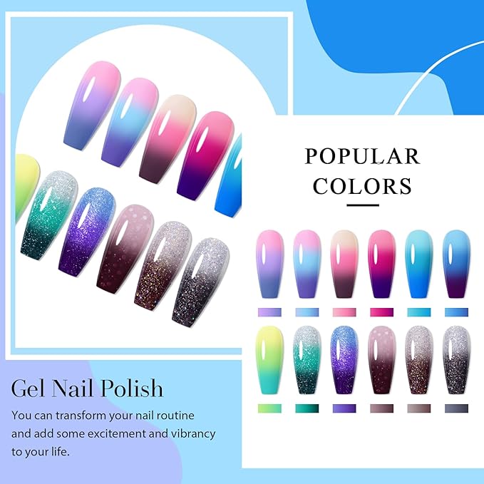 Color Changing Gel Nail Polish Set 12 Colors Temperature Mood Changed Glitter Gel Polish Soak Off UV/LED Nail Art Design Kit Gifts for Women Girls