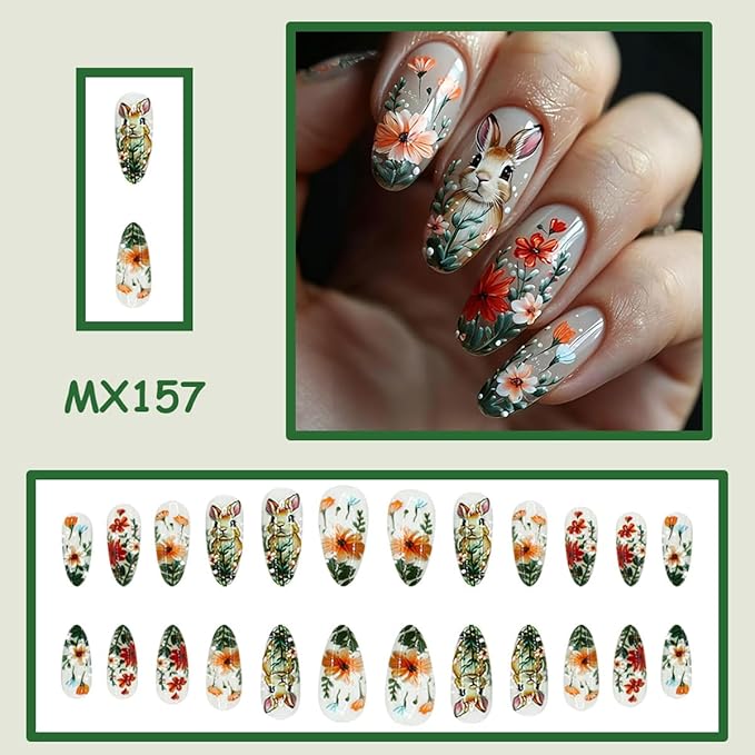 Cute Rabbit Easter Press on Nails - Medium Almond Fake Nails with Spring Flower Designs Glossy False Nails Press ons Reusable Full Cover Stick on Nails Easter Nails for Women Manicure 24Pcs