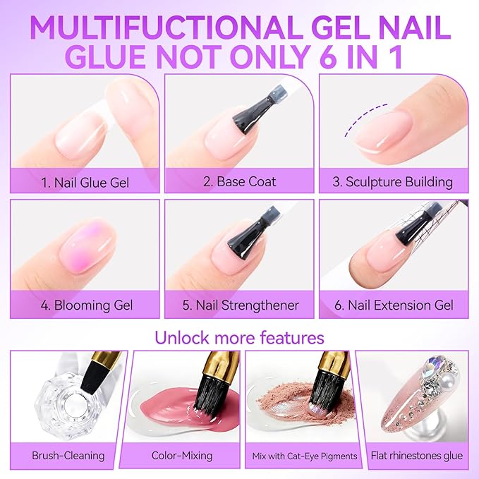 Gelike EC Gel Nail Glue for Press On Nails: 6 in 1 Strong UV Nail Glue for Nail Tips and Acrylic Fake Nail - Long Lasting 28 Days Quick Dry - Beginner Friendly DIY for Home Salon