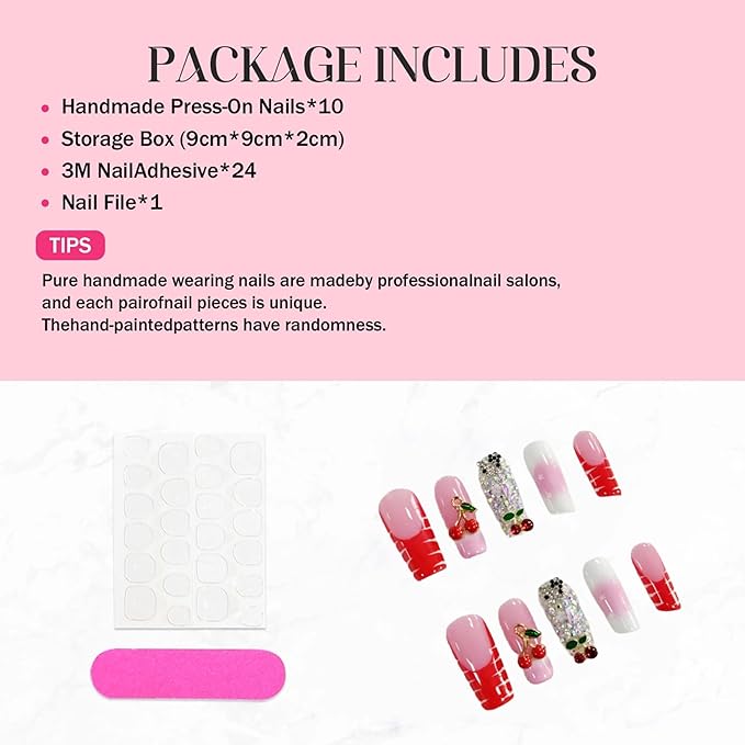 Handmade Red French Tip Press on Nails Long Square Fake Nails Pink Ombre Sparkly Acrylic Nails Press ons with 3D Cherry Rhinestones Designs False Nails Luxury Stick on Nail for Women 10Pcs (Size M)