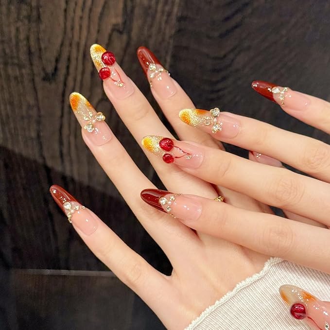 Handmade Press on Nails Square Sweet and Alluring Style Cherry Burgundy Nail Art with Rhinestone Embellishments Acrylic Nails Press on Handmade Nails Luxury Press on Nails（L）