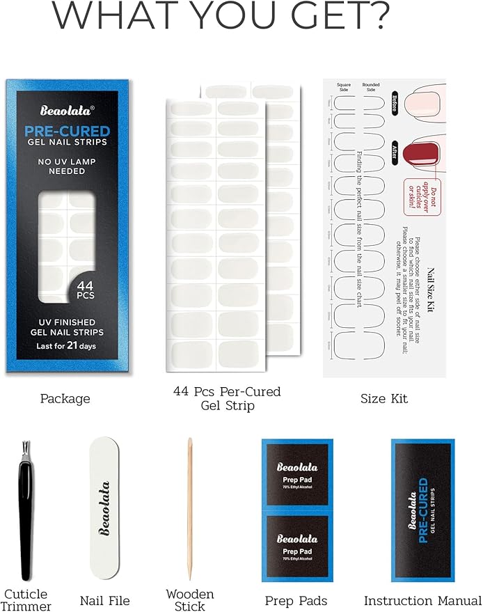 Real Gel Nail Strips (No UV Light Needed) - 44Pcs Salon Quality Nail Stickers - Long Lasting Polish Wraps for Women, Easy Apply & Remove (White)