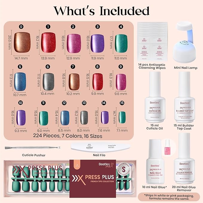 Beetles X Press Cat Eye Nails Kit - Galaxy Aurora | 7 Colors Cat Eye Press On Nails Short Square | 224Pcs 16 Sizes All-in-One Kit With Nail Glue,Remover,Builder Top Coat,Nail Lamp Gift