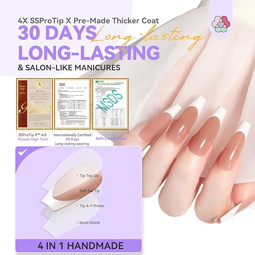 SAVILAND French Tip Press On Nails 160 Pcs: 4X Press On French Tip Nails Pre-Shaped Long Coffin Full Cover Gel Nail Tips Soft Matte Gel Nail Tips for DIY Nail Extensions Nail Art Gifts
