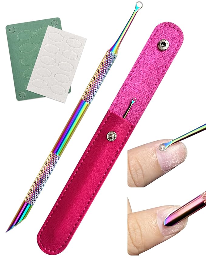 Dual Ended Cuticle Remover, Pre-treatment Cuticle Pusher with Loop Cuticle Pusher Removing, Stainless Steel Cuticle Nail Tool with 100#/240# Grit Nail Files and 1p Storage Bags, For Salon & Home Use