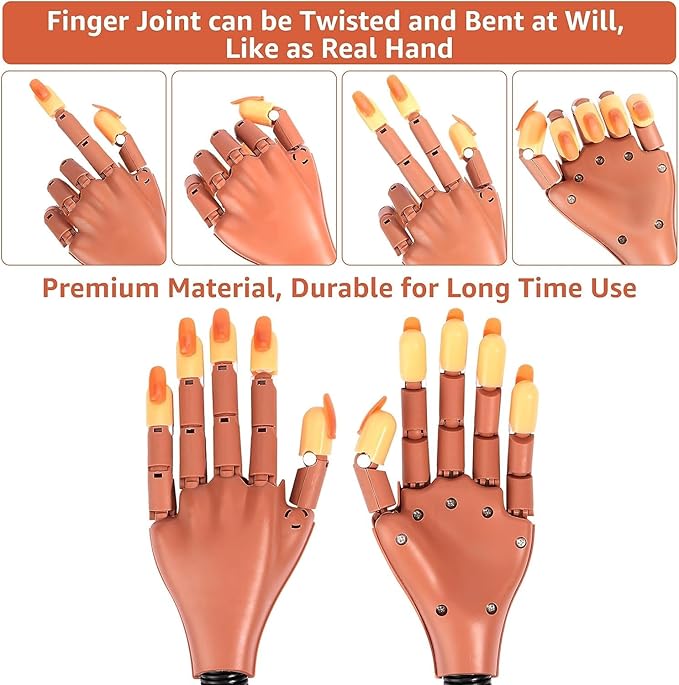 Practice Hand for Acrylic Nails,100 Pcs Nail Tips Flexible Training Hand Professional Nail Art Hand Tools Adjustable False Finger Nails for DIY Nail Manicure