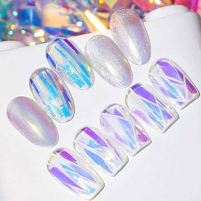 20 Rolls Gradient Aurora Glass Paper Nail Art Sticker 3D Holographic Aurora Glass Reflective Mirror Shard Effect Rainbow Thin Iridescent Cellophane Films Foil Nail Wraps for Women Nail Art