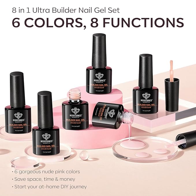 modelones Builder Nail Gel Polish Set, Base Colors Jelly Nude Pink Hard Strengthener Rubber Gel Polish 8-in-One Extension LED Nail Lamp Cured 6 Colors