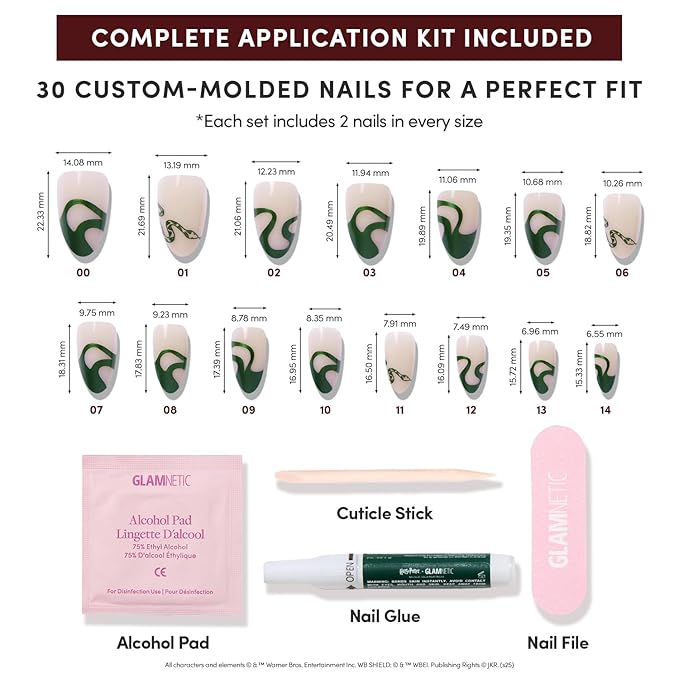 Harry Potter™ x Glamnetic Press On Nails - Parseltongue™ | Semi-Transparent Green Snake Graphic French Tip Short Almond Nails in a Chrome & Glossy Finish | 15 Sizes - 30 Nail Kit with Glue