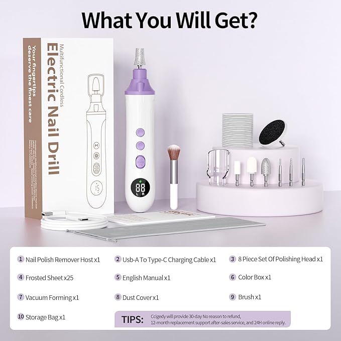 Professional Manicure Pedicure Kit, Cordless Electric Nail File with LCD & Lamp, Rechargeable Toenail Grinder for Thick Toenails, Portable Nail Dremel Tools for Women & Men Baby Pets