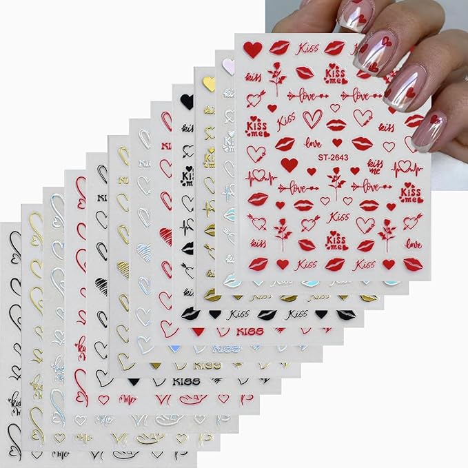 Valentine's Day Nail Stickers fo Nail Art 5D Embossed Hearts Nail Decals 12Sheets