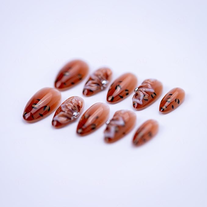 10 Pieces Handmade Press On Nails Medium Almond, Brown Thickened French False Nails, 3D Petals, Reusable Fake Nails Almond, Reusable Acrylic Nails (S)