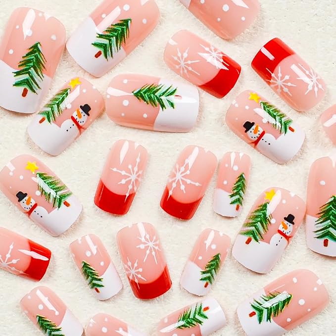 Christmas Press on Nails Medium Square MABKJLF French Tip Fake Nails False Nails with Snowman Snowflake Tree Designs Glossy Glue on Nail Winter Full Cover Acrylic Nails for Women Girls 24Pcs