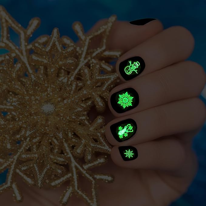Glow in The Dark Snowflake Nail Stickers, Christmas 3D Self-Adhesive Nail Art Decals - White Snowman Santa Elk Design for DIY Manicure Winter Xmas DIY Nail Decorations stz (6 Sheets)