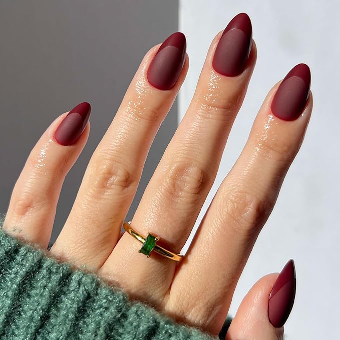Red French Press on Nails Short Almond - Dark Red Nails with Glossy French Tip in a Matte Finish, Soft Gel Reusable Fall Burgundy Fake Nails Winter Stick on Nails for Women Gift, 32PCS 16 Sizes
