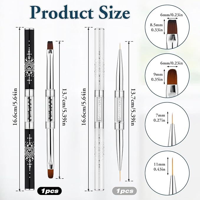 2pcs Hard Gel Nail Brush, French Manicure Brush French Tip Nail Gel Liner Brush, Builder Gel Brushes for Design Nails Dual-Ended Nail Design Brushes Rhinestone Handle Nail Brush Professional Nail Art