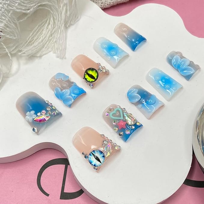 Handmade Press on Nails Duck Short Fake Nails with 3D Rhinestones and Heart Designs Flower Press on Nails Gradient French Acrylic for Women Art Manicure (Size S）