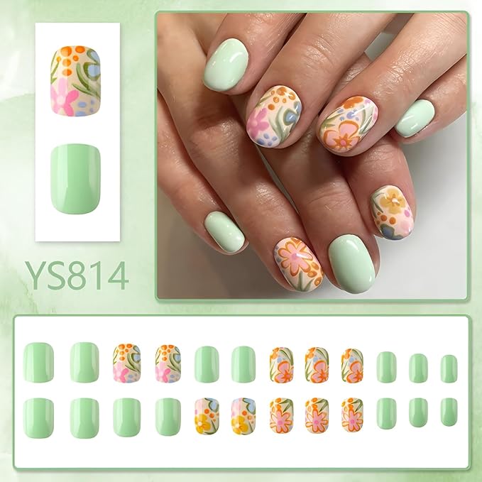 Flower Press on Nails Short Almond Fake Nails Colorful Flower Nails Press Ons Green False Nails Glossy Full Cover Glue on Nail Summer Spring Stick on Nail for Women Set Decorations Set 24Pcs