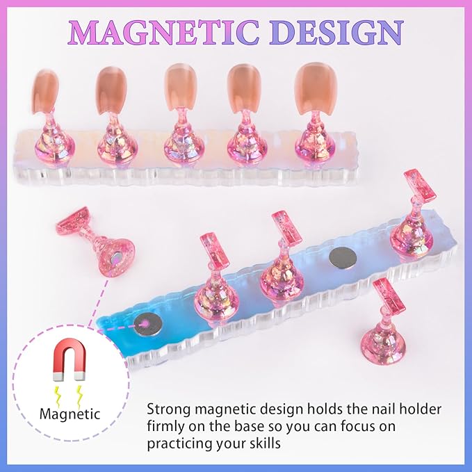 Nail Stand Acrylic Nail Art Display Stand Magnetic Nail Tips Practice Holder 54 Pcs Reusable Adhesive Putty for DIY Painting Nails Stand kit (Aurora Pink A)
