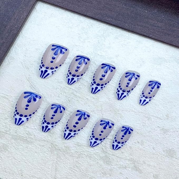 100% Handmade Press on Nails Medium Almond Handmade Nails with Flower Design Blue False Nails Glossy Skin Tones Floral Nail Press ons Reusable Acrylic Fake Nails for Women Girls Size M 10Pcs