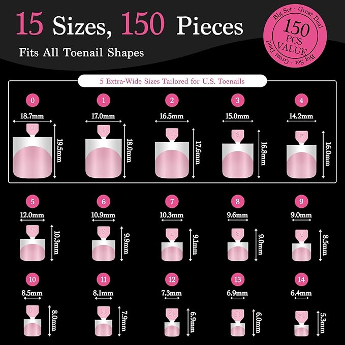 Toe Nails Press On French Tips for Women, 15 Sizes 150 Pcs Sharp Square Pre-applied Primer & Base Coat Toenail Press Ons Baby Pink Full Cover Fake Tips Extension, Builder Nail Gel & Top Coat Required