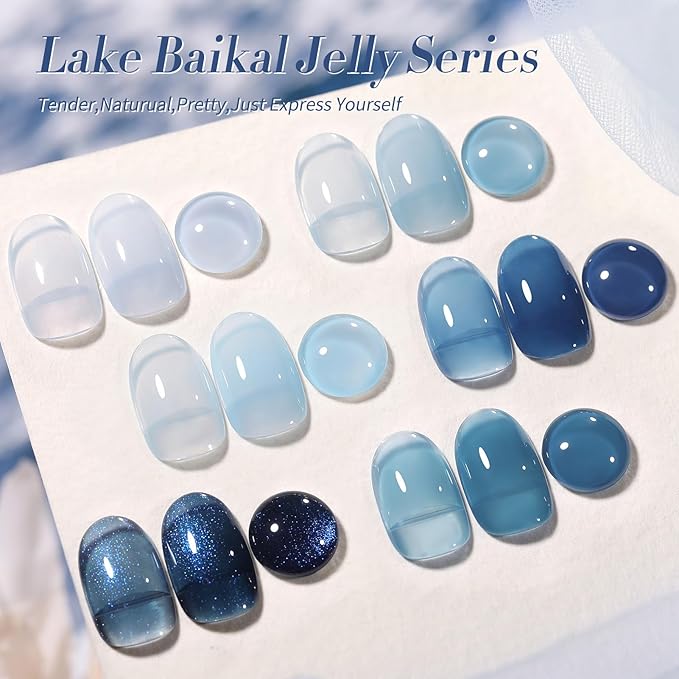Born Pretty Jelly Blue Gel Nail Polish Set 6 Colors Translucent Light Baby Royal Blue Reflective Glitter Nail Gel Kit Soak Off Nail Art Manicure Design Home Salon Holiday Gift