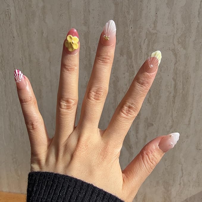 10 Short Handmade Press On Nails | with 3D Floral and French design False Nails | Skip Salon Trips, Easy to Apply & Remove, Reusable (251206, S)