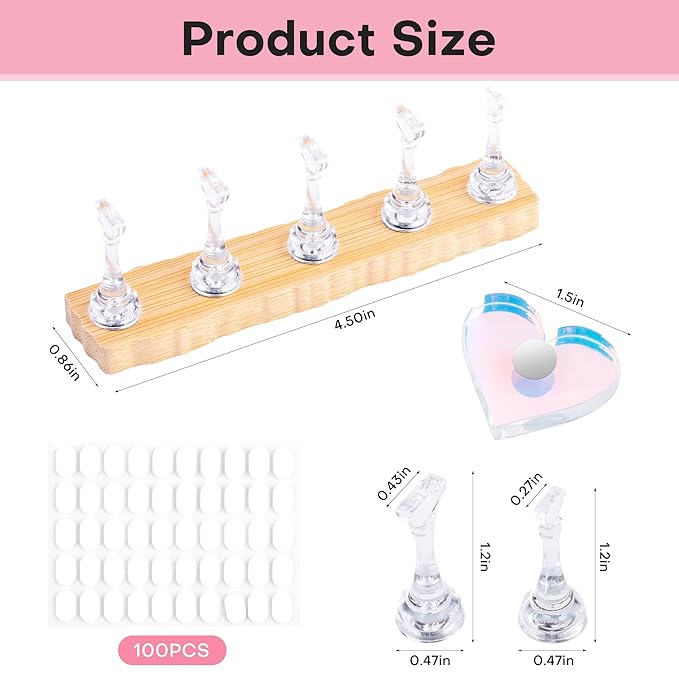 Nail Stand for Press On Nail Holder for Painting Nails, Magnetic Fake Nail Stands Tips, Heart Shape Nail Holder with Double-sided Tape Practice Nail Art Tools（Wood A）