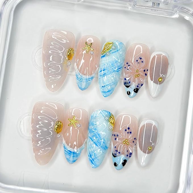 Luxury Press On Nails Medium Almond Handmade 3D Unique Reusable ABS Material False Nails Blue with Designs Starfish Floral Art Petal Glossy Glue on Nails Thick Acrylic Nails (10 Pieces, 1 Set)