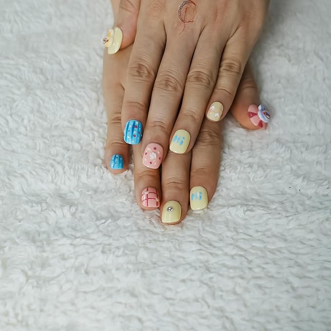 Cartoon Press on Nails Extra Short Square - 3D Cute Charms Design, Colorful Mini Figure False Nails for Women and Girls (Cartoon-B,M)