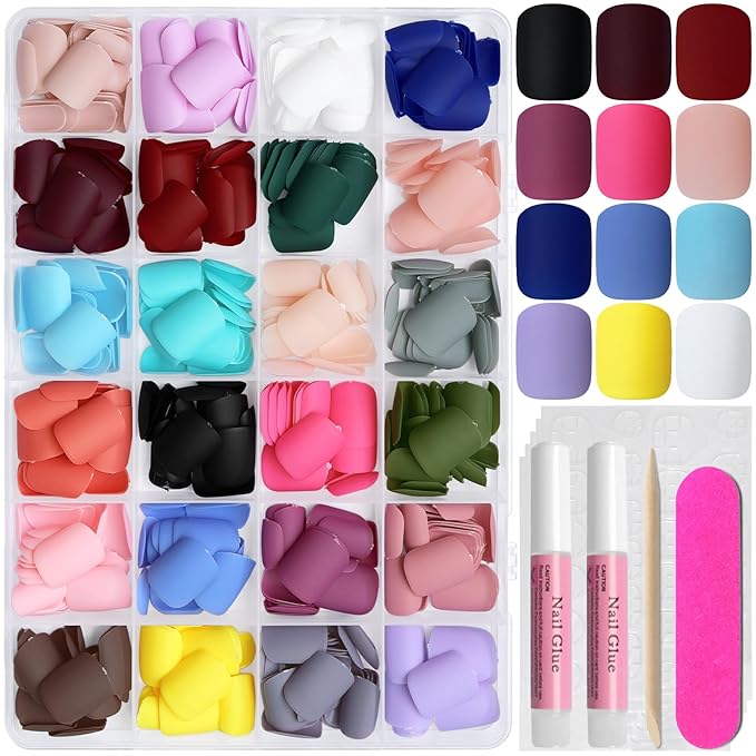 AddFavor Press on Nails Short Square Fake Nails, 576pcs 24 Colors Square Press on Nails Full Cover Acrylic Nail Press ons, Matte False Nail Tips for Women Glue on Nail