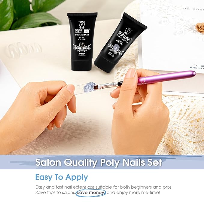 ROSALIND Glitter Black&Silver Extension Gel, 2 PCS 1oz/30ml Glitter Black Silver Poly Nail Gel kit Builder Diamond Gel for Nail Art, Nail Thickening Poly Nail Gel Tube Need UV Lamp