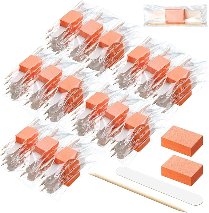 Leelosp 120 Sets Disposable Manicure Kit Basics 3 Pieces Nail Kit, White Wood Nail File 180/180 Grit, Purple Mini Buffer 100/100 Grit, Individually Packed Mini Pedicure Set for Fingernails Toenails